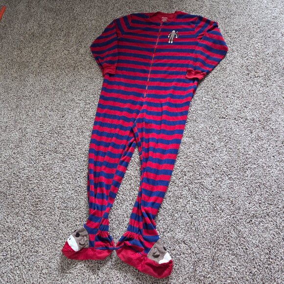 Nick & Nora XL Red Stripe Sock Monkey Footed One Piece Pajamas Adult Fleece Cozy - Picture 1 of 7